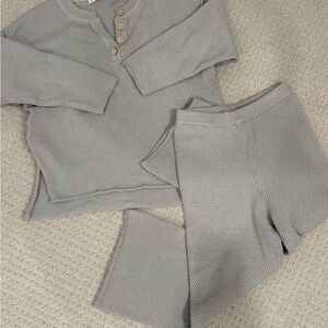 Free People Sage Green Waffle Knit Lounge Set Henley Top & Pants